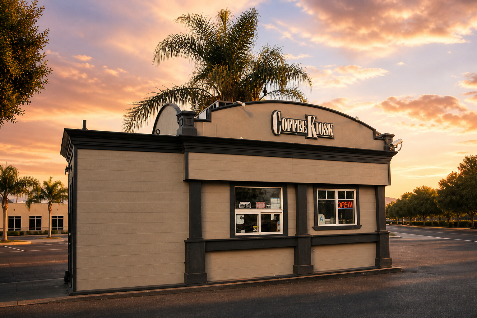 Coffee Kiosk building with walk-up service window
